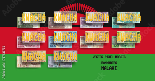 Vector set of pixel mosaic banknotes of Malawi. Collection of notes in denominations of 5, 10, 20, 50, 100, 200, 500, 1000, 2000 and 5000 kwacha. Obverse and reverse. Play money or flyers.