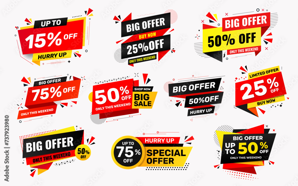 Sale Discount tag set with different percent. Promo price tag design. Product discount festival label collection. Super Sale promotion banner template. Flat sale Vector Illustration.