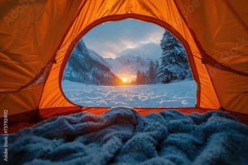 The early morning sun bathes a majestic, snow-covered mountain range in warm light, seen from the comforting shelter of a campsite tent.