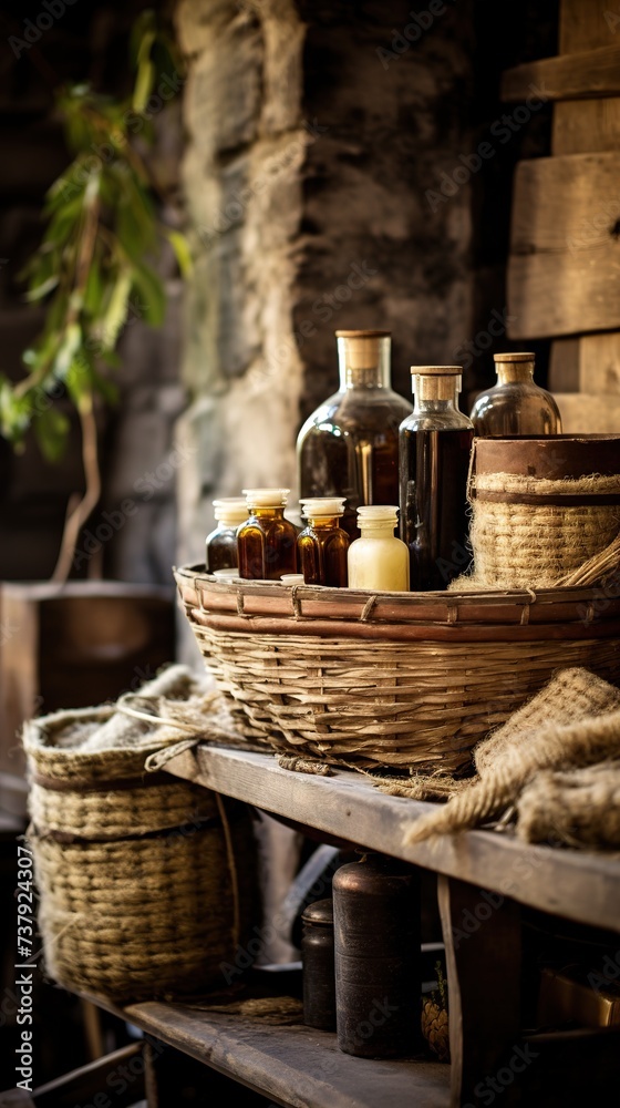 Obraz premium A wicker basket holding bottles and candles is displayed on a wooden shelf
