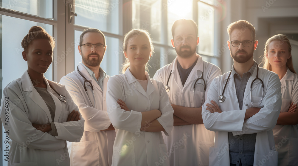 Diverse team of doctors standing confidently together . Sunlight streams through a window . Diverse team of doctors standing confidently together . Sunlight streams through a window .