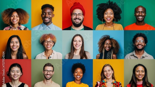 Collage de 15 personnes de diverses origine ethnique exprimant des émotions positives sur fond coloré photo