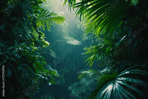 Shafts of sunlight break through the verdant foliage of a dense tropical rainforest, creating a serene and mystical atmosphere.