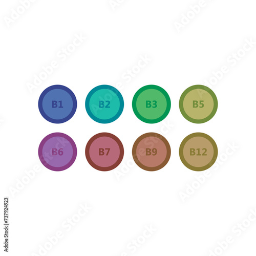 Set of 6 colorful vitamin icons - A, D, E, C, K and group B vitamins - simple icon illustration, graphic element for products, supplements, web design and more.