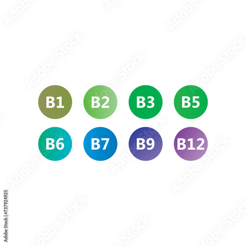 Set of 6 colorful vitamin icons - A, D, E, C, K and group B vitamins - simple icon illustration, graphic element for products, supplements, web design and more.