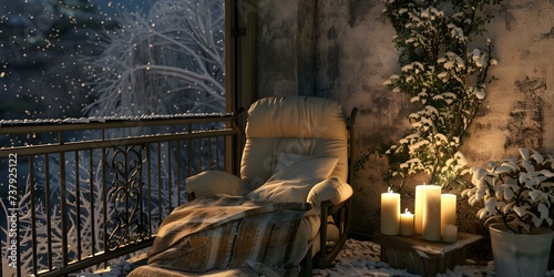 Winter balcony featuring a comfortable armchair candlelight ambiance creating a peaceful urban living space. Concept Winter Balcony, Comfortable Armchair, Candlelight Ambiance, Peaceful Urban Living