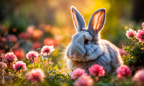 portrait of a rabbit in the meadow. Selective focus.