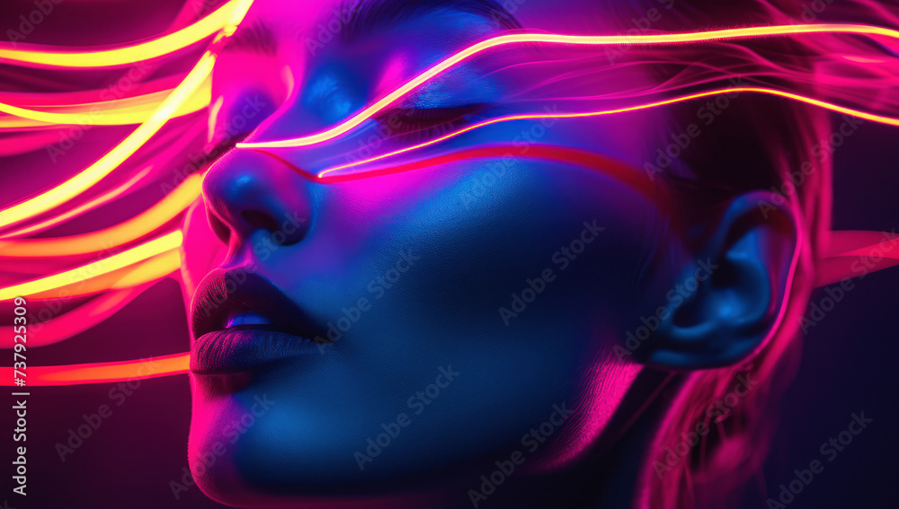 Woman face with neon lights and waves. Stunning portrait of fashionable beauty, illuminated by vibrant colors and trendy design in nightclub ambiance Woman face with neon lights and waves. Stunning portrait of fashionable beauty, illuminated by vibrant colors and trendy design in nightclub ambiance