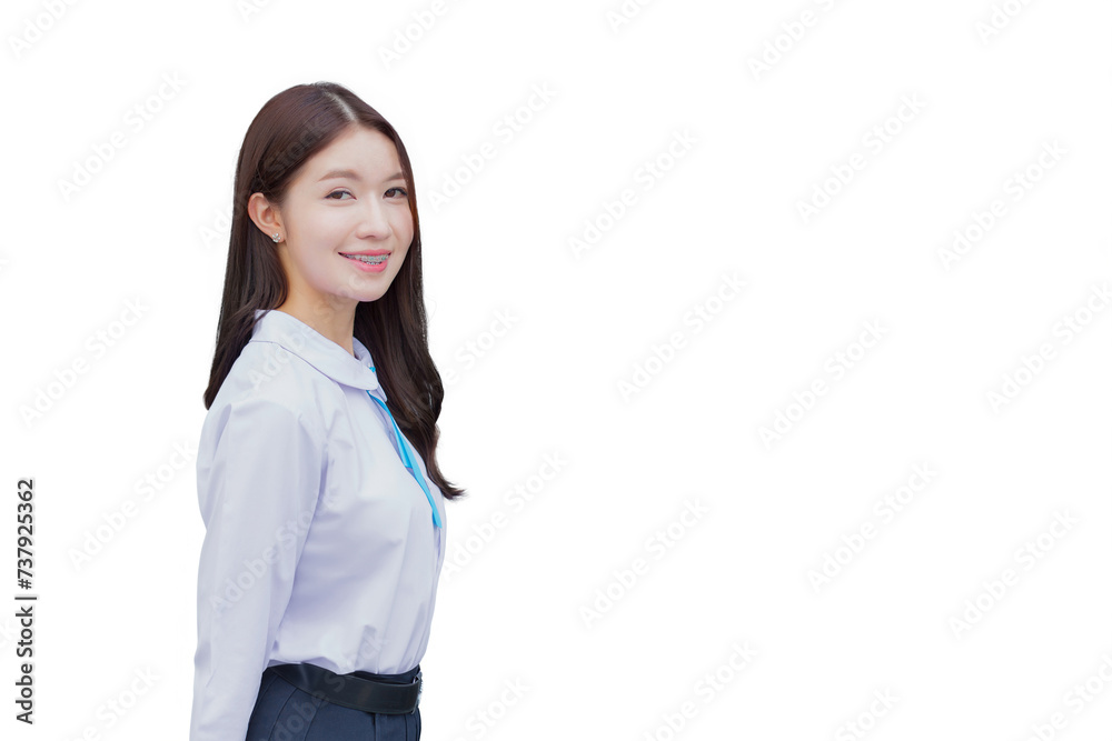 Beautiful Asian high school student girl in the school uniform with smiles confidently while she looks at the camera happily while isolated white background. Beautiful Asian high school student girl in the school uniform with smiles confidently while she looks at the camera happily while isolated white background.