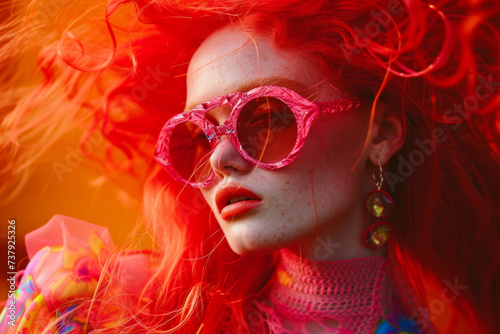 Beautiful fashionable glamorous girl in large colored glasses. Colorful clothes. Fashion and beauty concept. Shocking fashion. Close-up portrait.