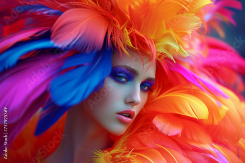 Beautiful fashionable glamorous girl in a large multi-colored feather hat. Colorful clothes. Fashion and beauty concept. Shocking fashion. Close-up portrait.