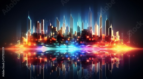 a city skyline with lights and reflections
