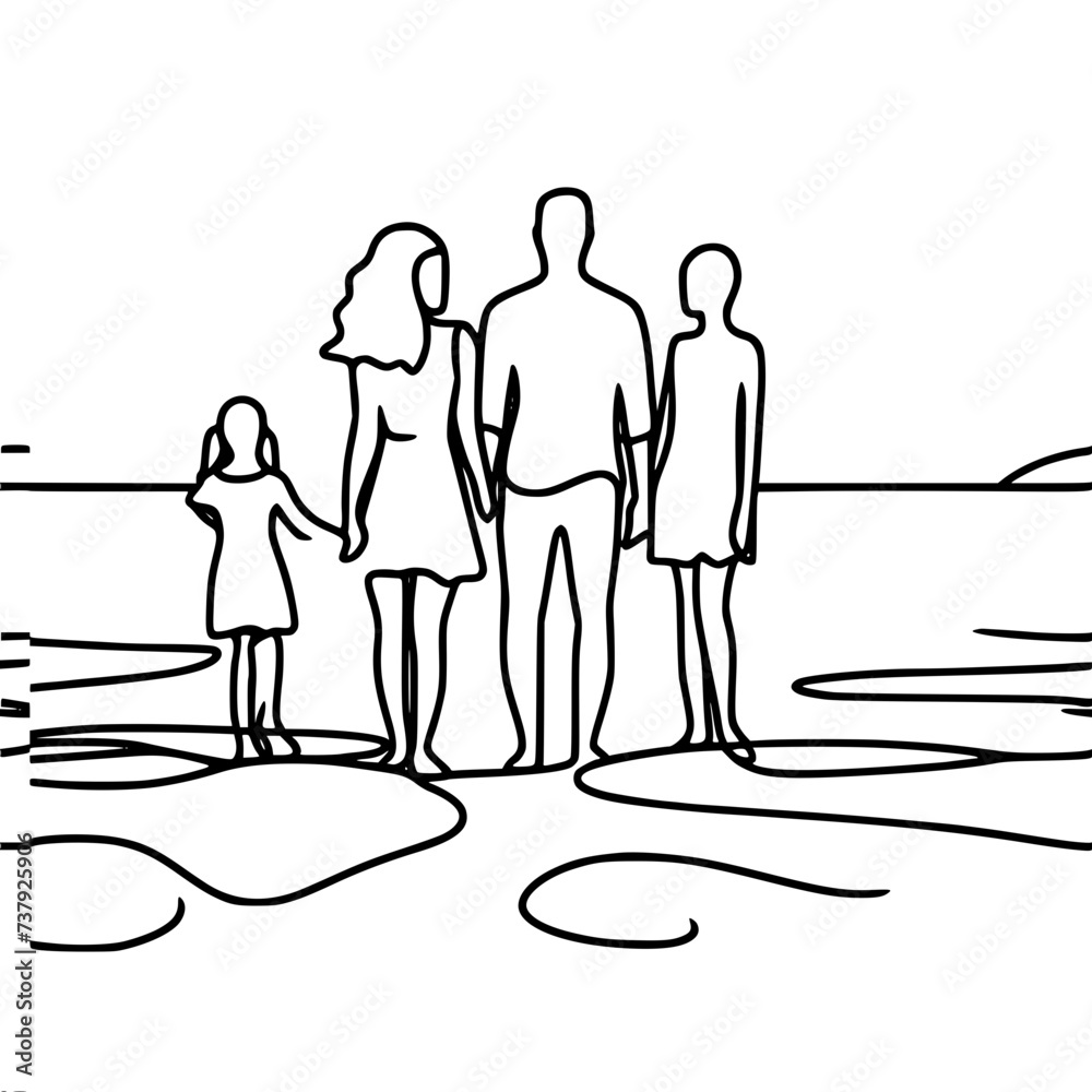 Single line vector drawing. A family, dad, mom and two children are ...