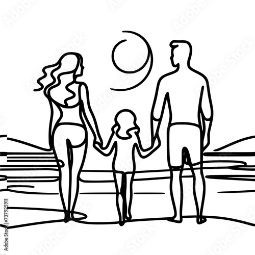 Single line vector drawing. A family  dad  mom and child are standing on the beach  holding hands  the sun is shining.