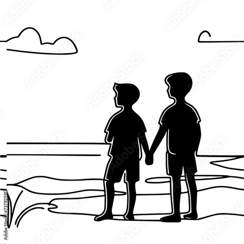 Single line vector drawing. Two boys on the beach holding hands