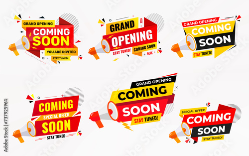 Coming Soon Sale Banner set vector template. Grand Opening vector graphic element. Super shop label Promo design. Product opening festival background collection.