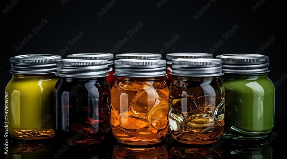 a group of jars with different colored liquid a group of jars with different colored liquid