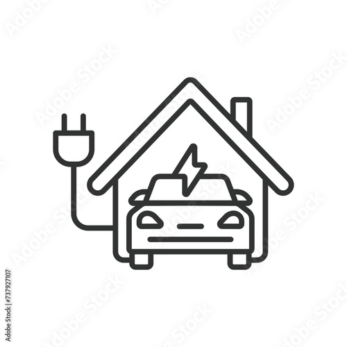 Electric Car Charging at Home icon line design. Car, home, charge, vehicle, ev, electric, charger, isolated on white background vector. Electric Car Charging at Home editable stroke icon.