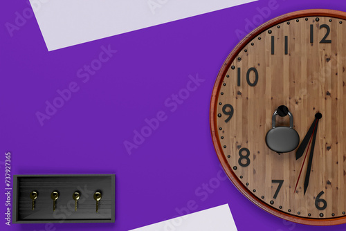 3D Rendered illustration of clock and wooden box with keys over purple background. Time limited. Four Golden keys are here. You have four choices. photo
