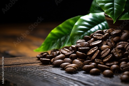 a pile of coffee beans and leaves