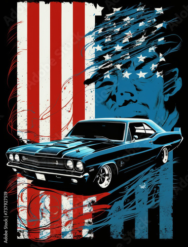 American Muscle Car, US flag backgroung, t-shirt design