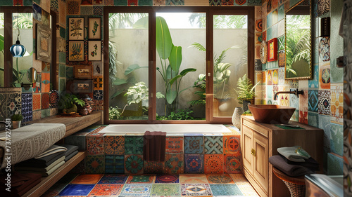 Bohemian-style bathroom with colorful tiles and eclectic decor.