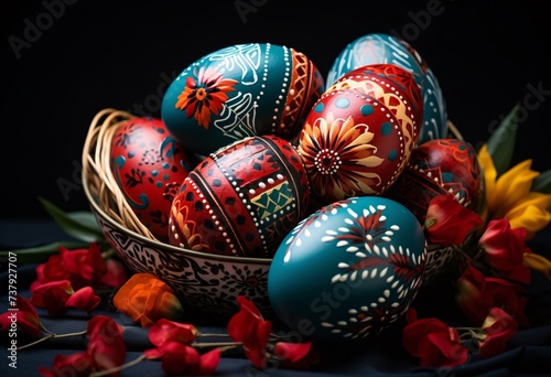a group of painted eggs in a bowl