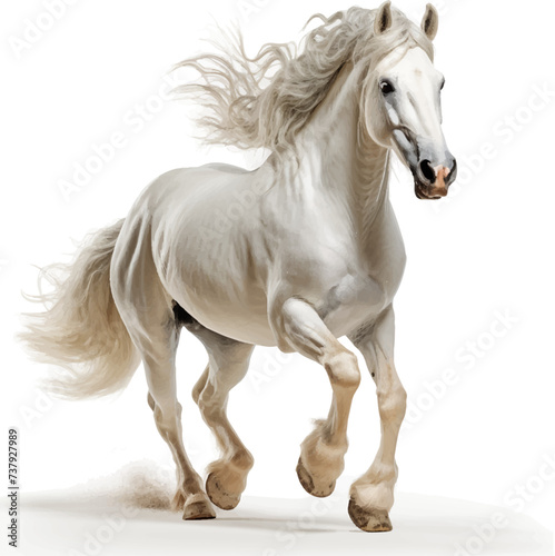 Oil painting illustration of a galloping white horse against a white background.