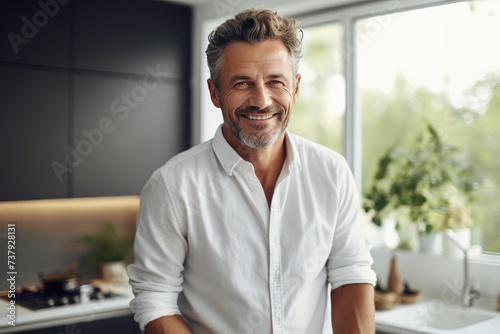 Handsome middle-aged man smiles in kitchen home, modern kitchen background, natural lighting © Slanapotam