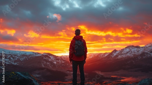 A lone figure stands before a fiery sunset backdrop, gazing at the vast mountain landscape, a vivid representation of adventure, reflection, and the grandeur of the natural world. © logonv