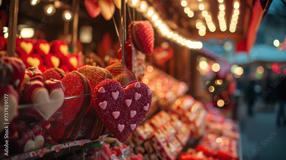 This image showcases a Valentine's Day fair with vibrant candy booths and glowing lights, creating a festive and romantic atmosphere, perfect for event promotions or love-themed designs.