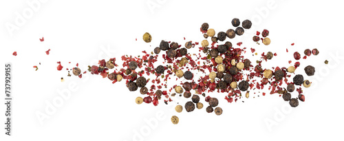Black  Green  White  and Pink pepper seeds  pile of aromatic peppercorn spice  dried cooking spicy ingredients  graphic element isolated on a transparent background