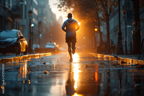 Rear view of a young man wearing a grey hoodie and black shorts running along a city street. Guy jogging in autumn alley under the rays of bright setting sun. Active lifestyle in urban environment.