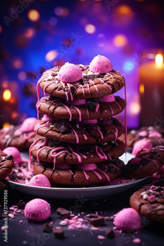 a stack of chocolate cookies with pink frosting photo