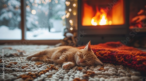 A ginger cat naps on a textured rug in front of a warm fireplace, with a festive atmosphere created by soft lights, capturing the essence of home comfort and winter relaxation