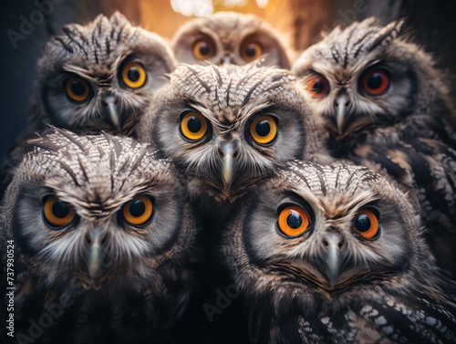 a group of owls looking at the camera