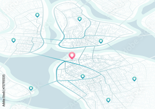 Abstract navigation plan of the urban area. General city map indicating streets, roads, and buildings. Extensive city scheme featuring points of interest. Colored flat, editable vector illustration