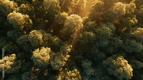 Aerial view of a forest seen during sunrise, beautiful nature and trees
