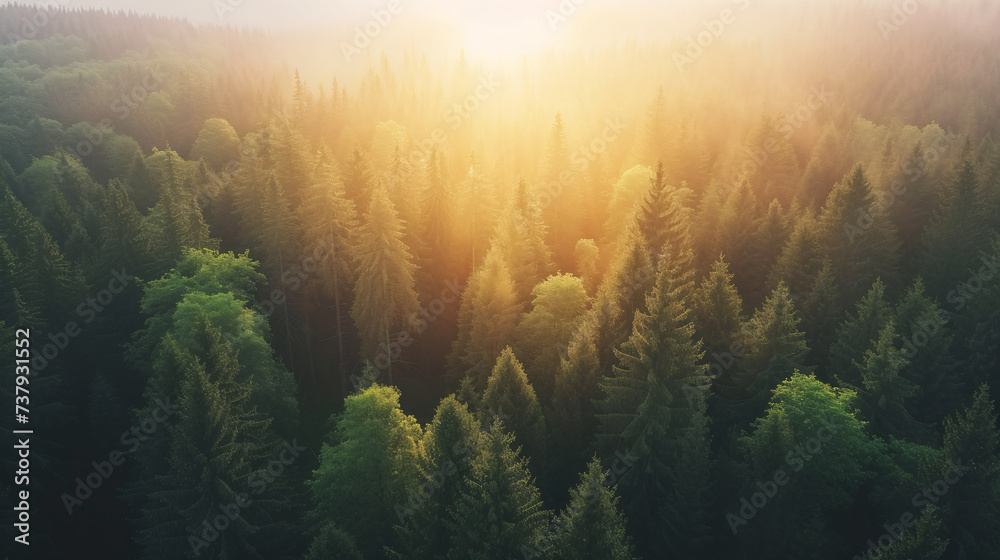 Aerial view of a forest seen during sunrise, beautiful nature and trees - obrazy, fototapety, plakaty 