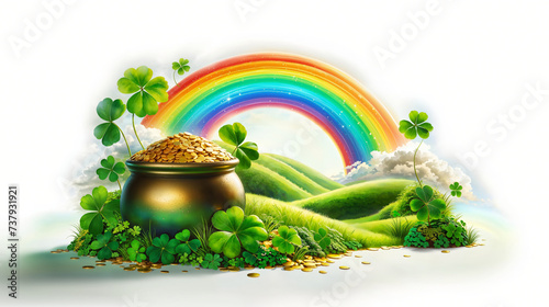 Pot of gold at end of rainbow, surrounded by clovers and lush green hills, isolated on white background