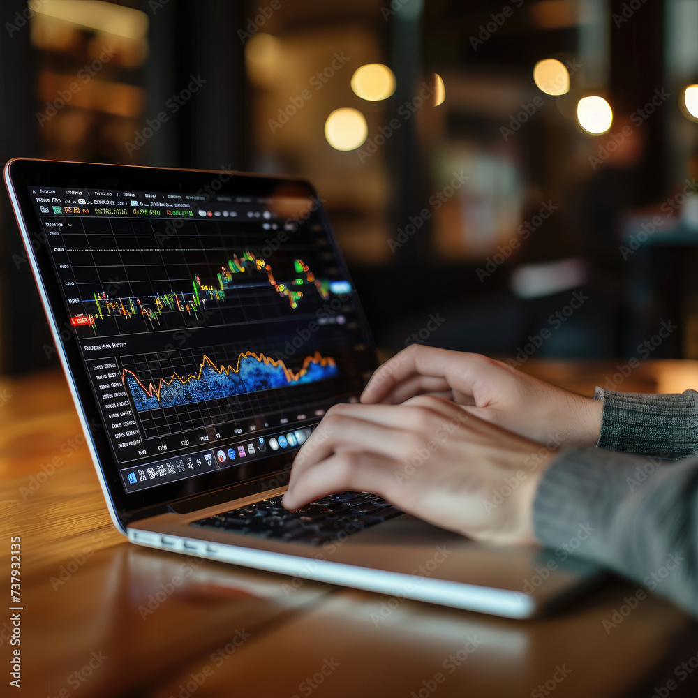 Close-up fo hands typing on a laptop with stock market graphs on the screen, editorial, office back Close-up fo hands typing on a laptop with stock market graphs on the screen, editorial, office back