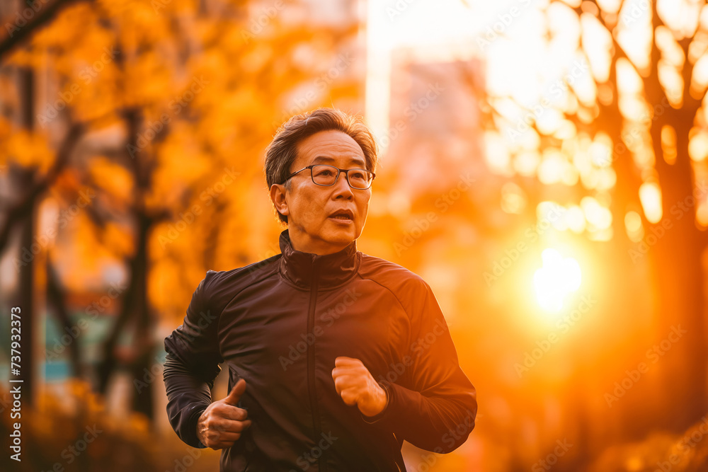 Obraz premium Everyday activity is important. Older asian adult running in city in dusk.