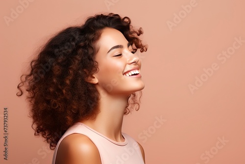 Profile side view portrait of attractive cheerful girl demonstrating copy space ad new isolated over bright one color background - generative ai