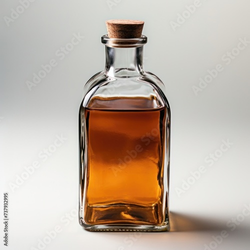 Glass Bottle with oil or whiskey, wooden cork, cutout, isolated on white background. Glossy bottle , realistic, detailed. Grocery product package, advert