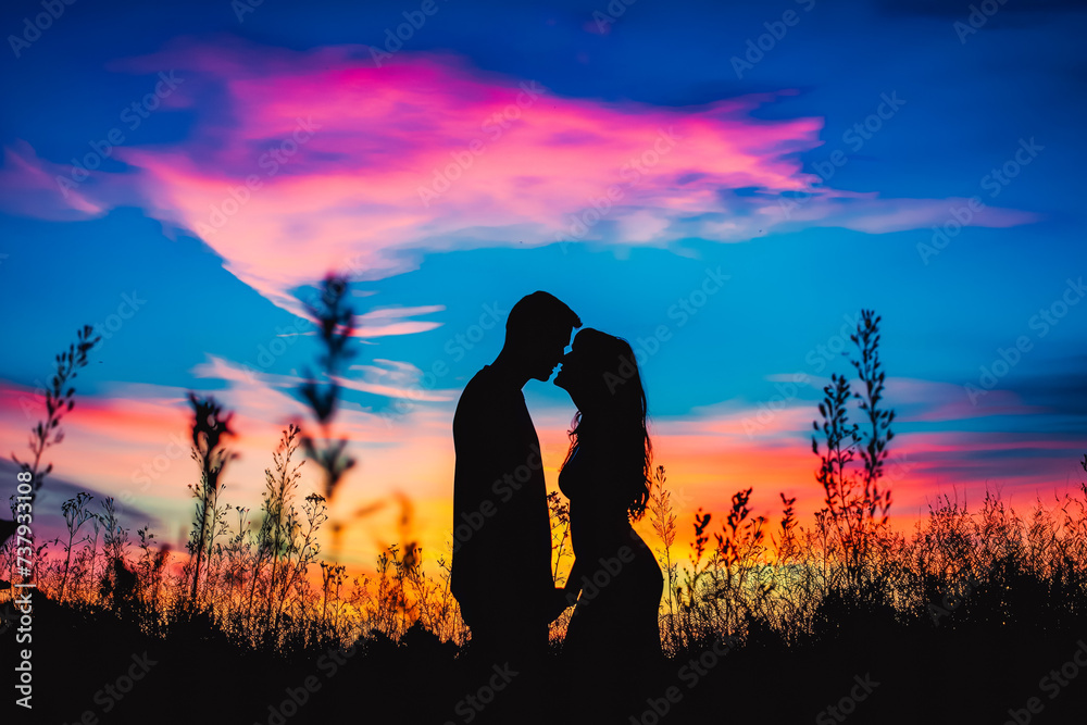 Silhouette of a couple sharing a kiss against a colourful sunset. Fresh love. Your first love.