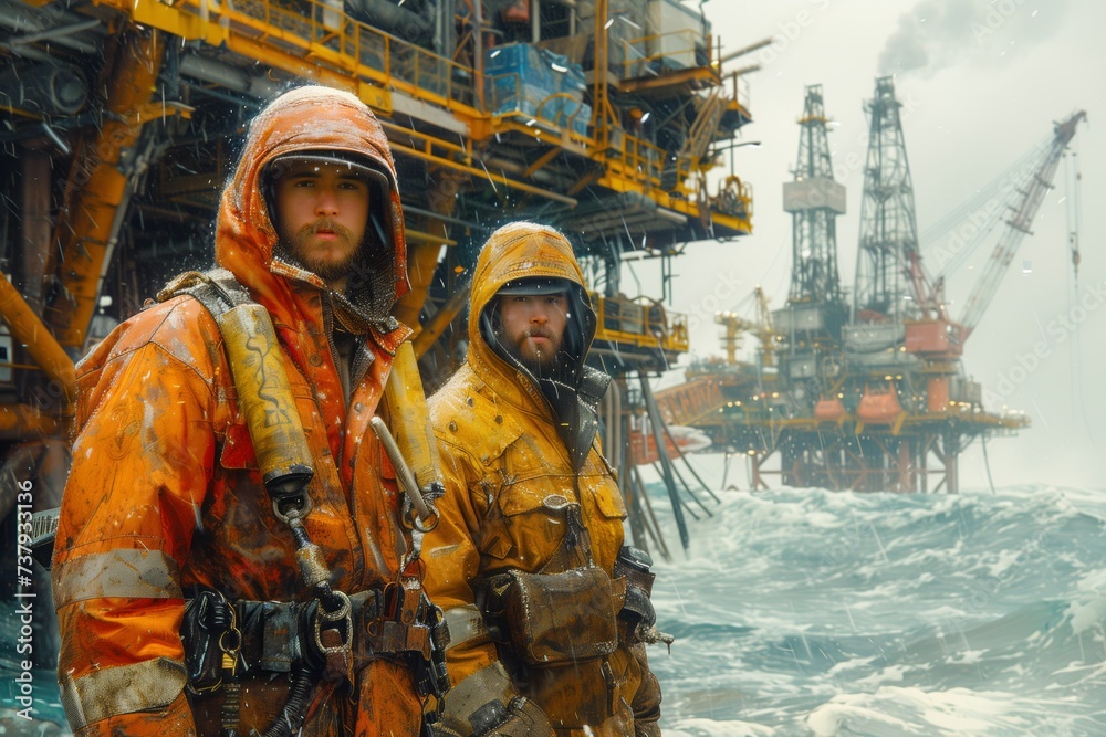 Two engineers wearing helmets are at an offshore oil rig in the water Two engineers wearing helmets are at an offshore oil rig in the water