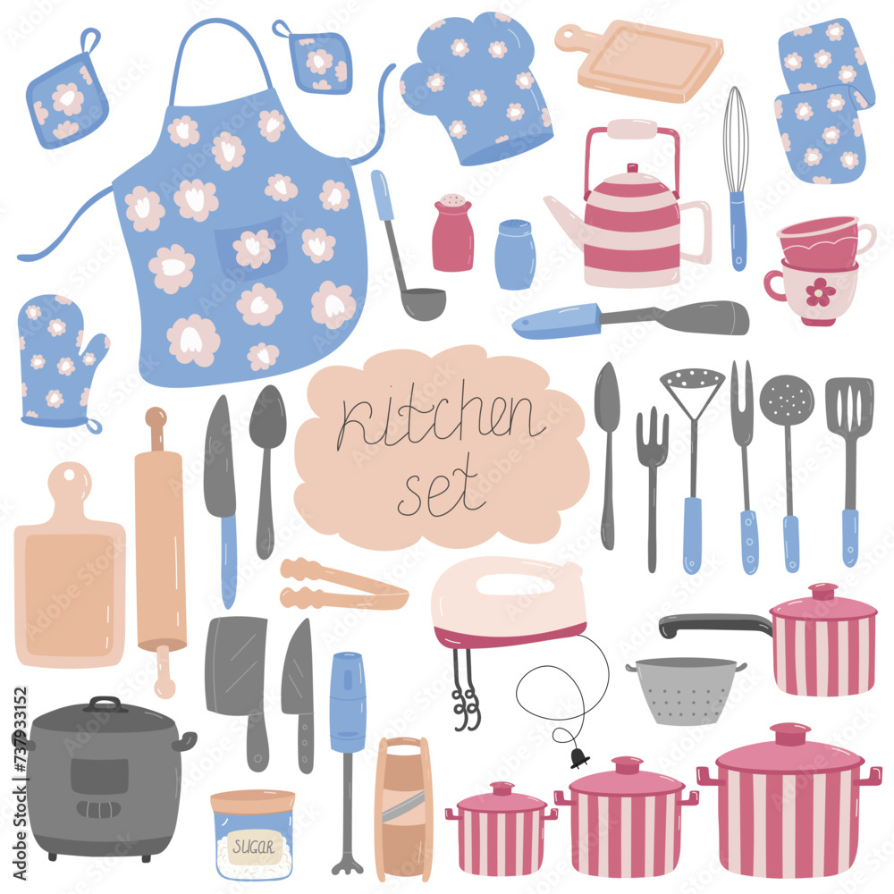 Vector set of kitchen utensils. Kitchen tools on a white background. Vector set of kitchen utensils. Kitchen tools on a white background.