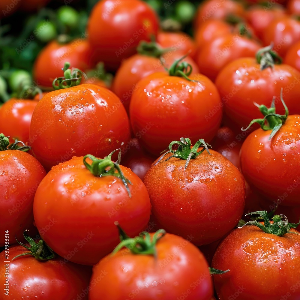 Tomato background. Fresh raw whole tomatoes with water droplets. Summertime concept, realistic, detailed, close up. Grocery product package, advert Tomato background. Fresh raw whole tomatoes with water droplets. Summertime concept, realistic, detailed, close up. Grocery product package, advert