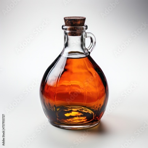 Glass Bottle with oil or whiskey, wooden cork, cutout, isolated on white background. Glossy bottle , realistic, detailed. Grocery product package, advert