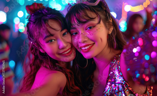 two Asian female 80s dancer selfie at disco in sequined outfit